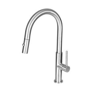 Stainless steel kitchen faucet on a white background