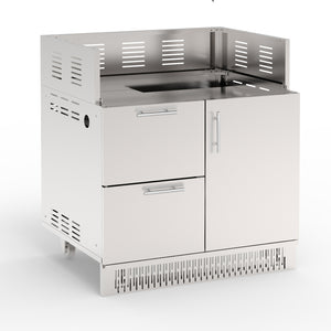 Stainless steel kitchen island with sink and drawers on a white background