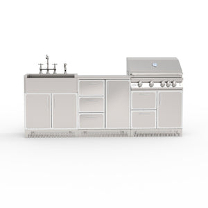 Stainless steel outdoor kitchen island with sink and grill on a white background