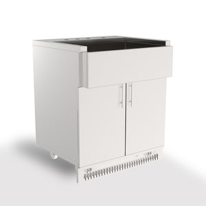 Stainless steel outdoor kitchen island with storage drawers on a white background