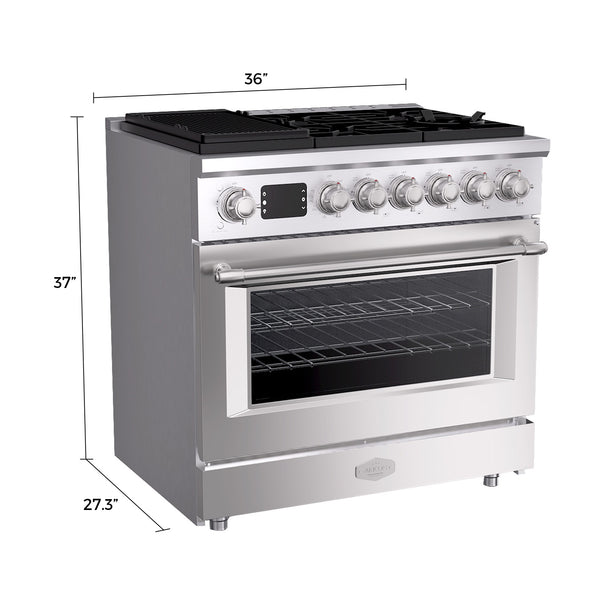 Stainless steel oven with dimensions labeled on a white background