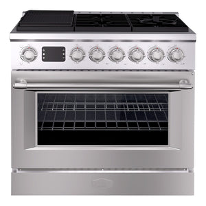 Stainless steel range with gas cooktop and oven on a white background