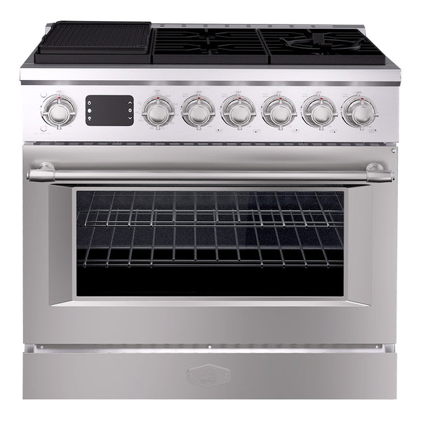 Stainless steel range with gas cooktop and oven on a white background