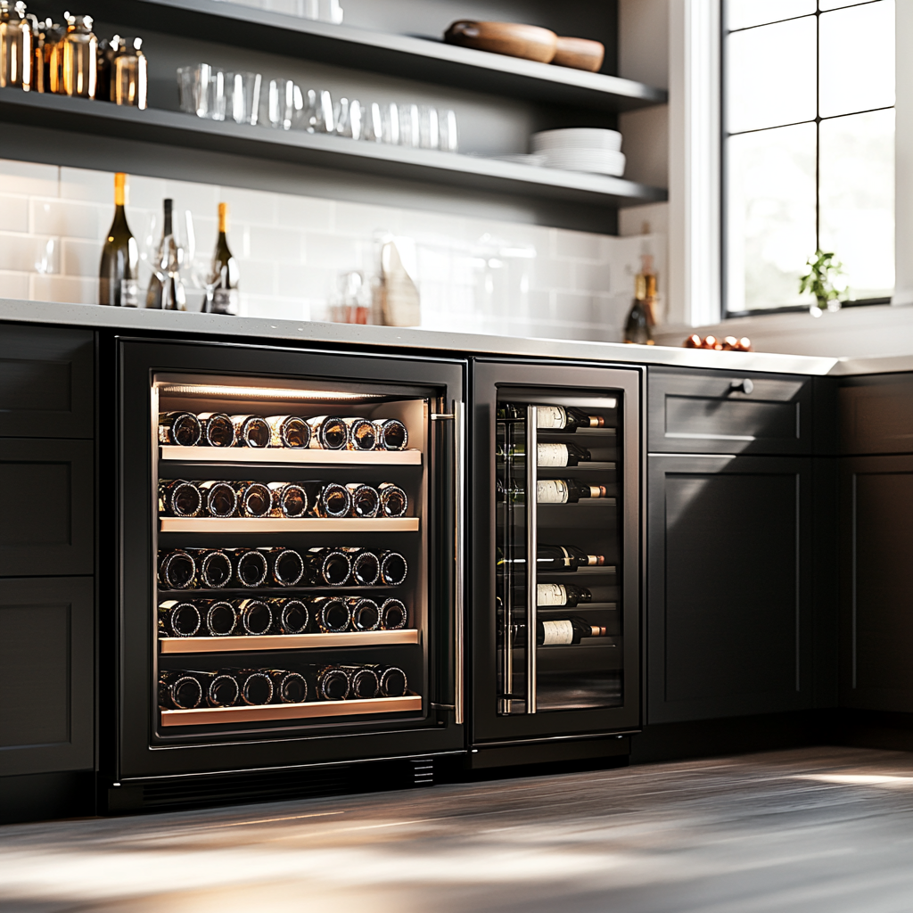 Black double-door wine cooler with glass doors, showcasing a modern design and temperature-controlled storage for wine bottles.