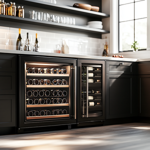 Black double-door wine cooler with glass doors, showcasing a modern design and temperature-controlled storage for wine bottles.