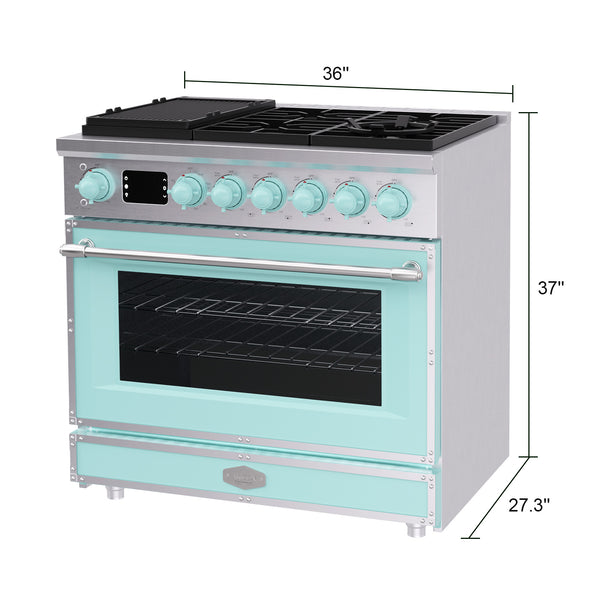 Luchar 36" Professional Custom Style Gas Range with 5.2 Cu. Ft. Oven, 6 Burners, Convection Fan, Cast Iron Grates, Clock and Timer