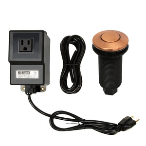 An air switch kit for garbage disposal featuring a copper-colored button, a black plastic body, and an attached power cord.