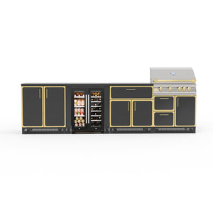 A set of black stainless steel outdoor kitchen cabinets with a grill and fridge.