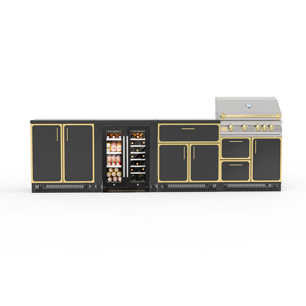 A set of black stainless steel outdoor kitchen cabinets with a grill and fridge.