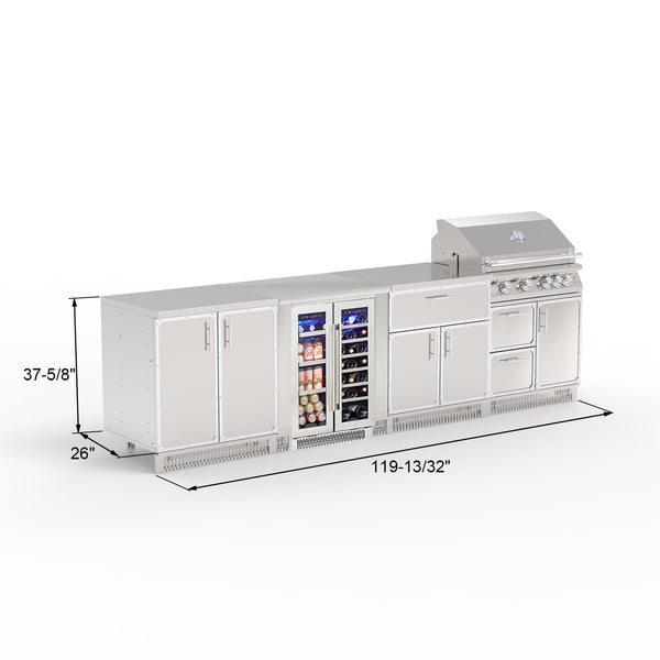 A set of stainless steel outdoor kitchen cabinets with a grill and fridge.