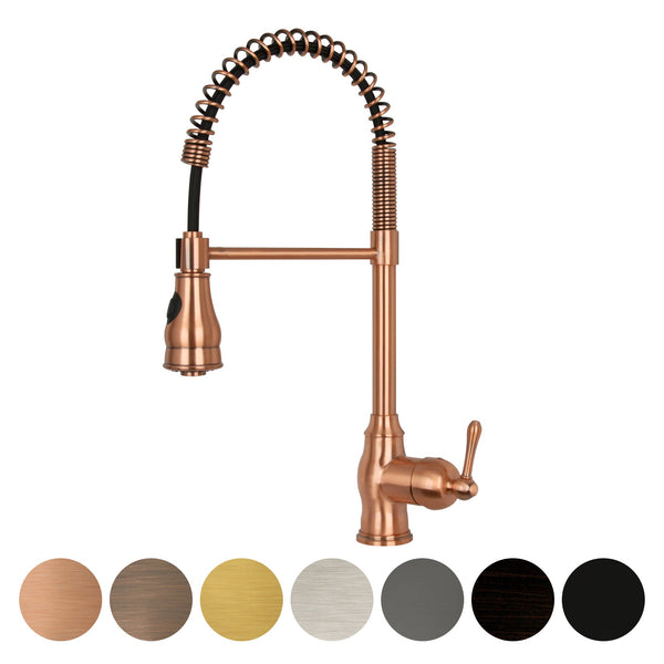 A copper-colored kitchen faucet with a pull-down sprayer and a spring extension, displayed alongside color swatches.