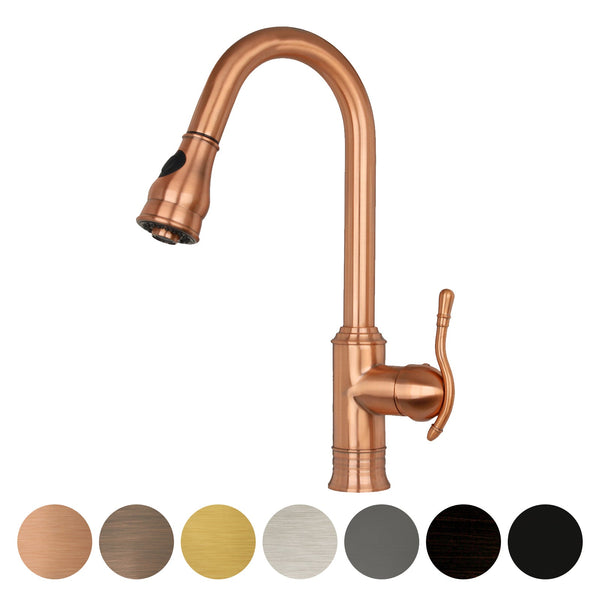 A copper pull out kitchen faucet with a single lever handle and a pull-down sprayer, displayed alongside color swatches.