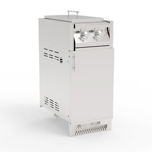 A stainless steel outdoor kitchen dual side burner with a cabinet. The product is designed with two knobs on top and a metallic finish.