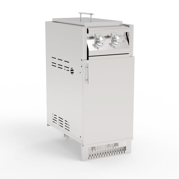A stainless steel outdoor kitchen dual side burner with a cabinet. The product is designed with two knobs on top and a metallic finish.