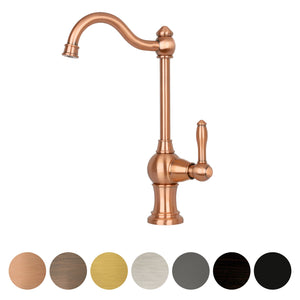 A one-handle copper drinking water filter faucet with a sleek design, displayed against a white background with color swatches below.