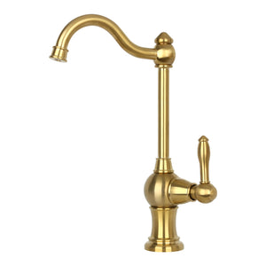A single-handle brushed gold drinking water filter faucet with a high arch and traditional design.