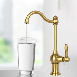A single-handle brushed gold drinking water filter faucet with a high arch and traditional design.