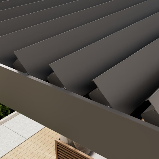 Close-up of a dark gray metal roof with a blurred background