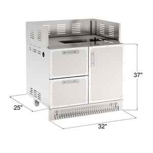 A stainless steel outdoor grill cabinet with a single door on the right side and two large drawers on the left, featuring a front-mounted handle and set against a white background.