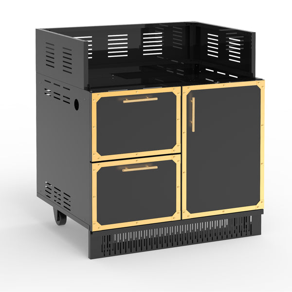 a stainless steel and black gold grill cabinet