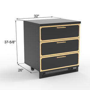 A stainless steel outdoor kitchen cabinet with three drawers, featuring black and gold color scheme.