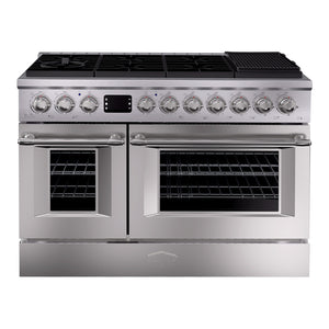 Stainless steel kitchen range with dual ovens and gas cooktop on a white background