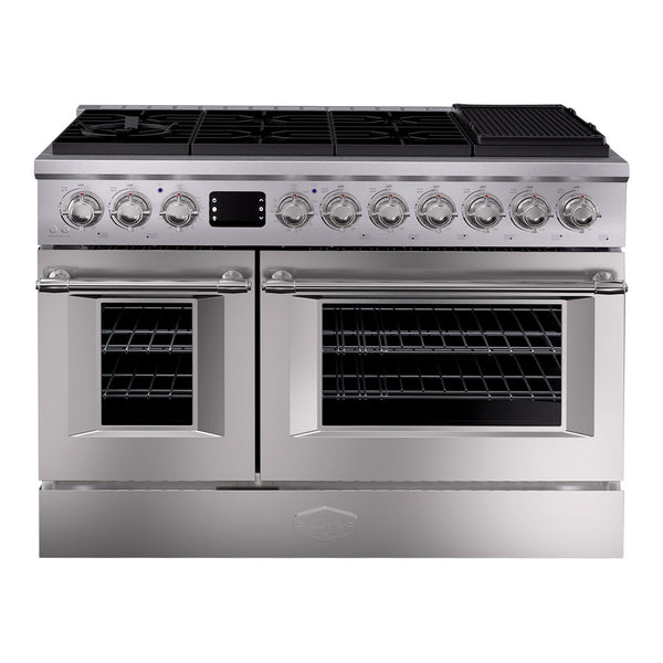 Stainless steel kitchen range with dual ovens and gas cooktop on a white background