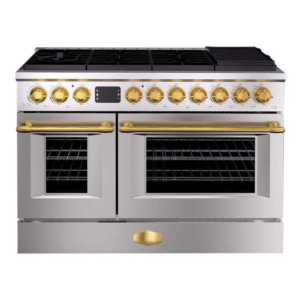 Stainless steel and gold kitchen range with dual ovens on a white background