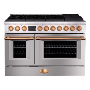 Stainless steel and copper kitchen stove with dual ovens on a white background