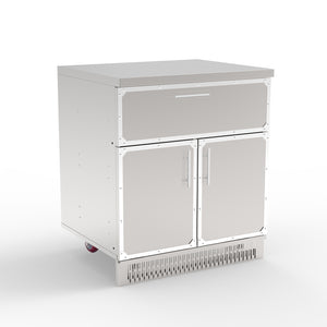 A stainless steel outdoor kitchen cabinet with one drawer and two doors.