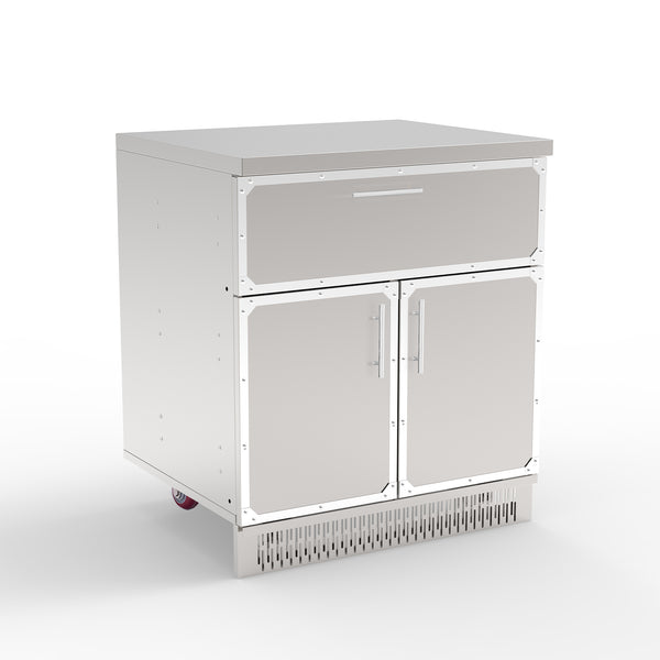 A stainless steel outdoor kitchen cabinet with one drawer and two doors.
