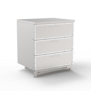 A white stainless steel outdoor kitchen cabinet with three drawers and a bottom shelf, set against a neutral background.