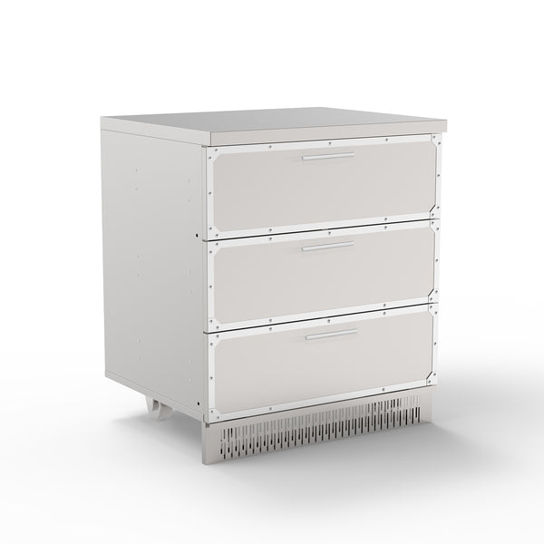 A white stainless steel outdoor kitchen cabinet with three drawers and a bottom shelf, set against a neutral background.