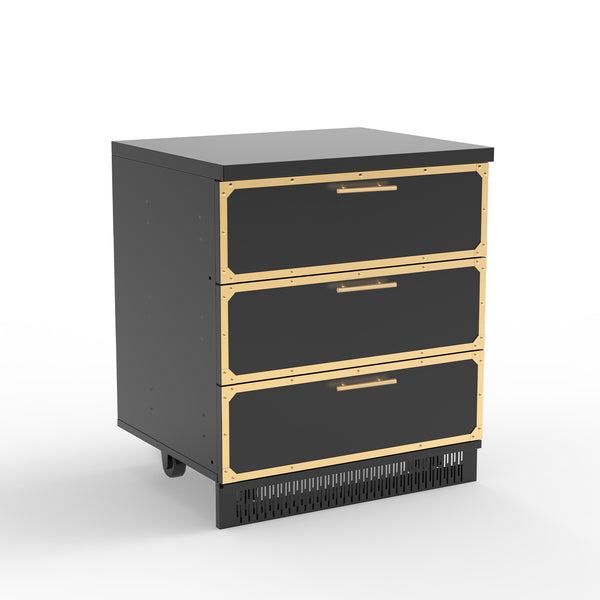 A stainless steel outdoor kitchen cabinet with three drawers, featuring black and gold color scheme.