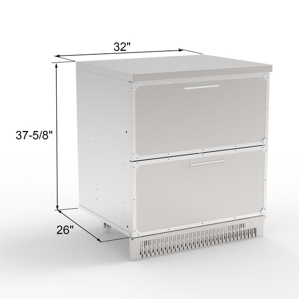 A white stainless steel outdoor kitchen cabinet with two drawers.