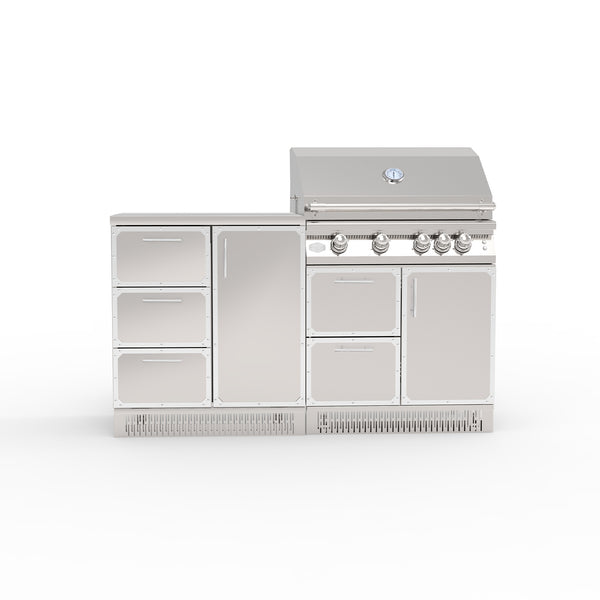 A stainless steel outdoor kitchen cabinet set with a grill on top, featuring multiple drawers and a closed door cabinet.