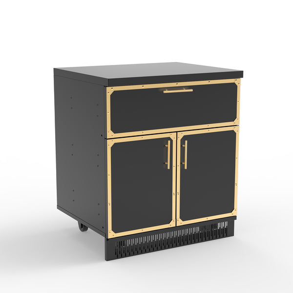 A black stainless steel outdoor kitchen cabinet with one drawer and two doors, featuring gold accents and a vent at the bottom.