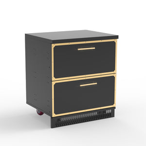A black stainless steel outdoor kitchen cabinet with two drawers and gold handles.