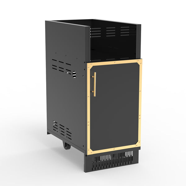 A stainless steel outdoor kitchen side burner cabinet with a black door and gold trim.