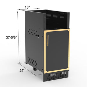 A stainless steel outdoor kitchen side burner cabinet with a black door and gold trim.