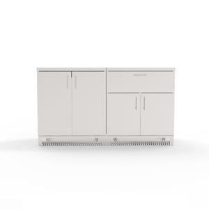A set of two stainless steel outdoor kitchen cabinets with doors and a drawer, in a white color, against a white background.