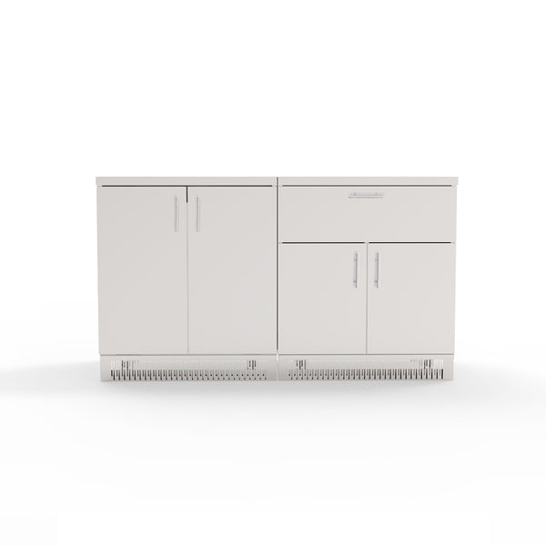 A set of two stainless steel outdoor kitchen cabinets with doors and a drawer, in a white color, against a white background.