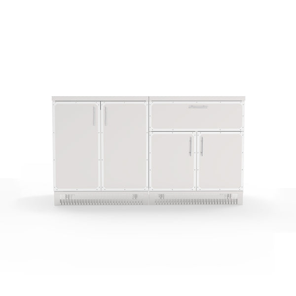 A set of two stainless steel outdoor kitchen cabinets with a drawer and multiple doors, featuring a clean white finish.