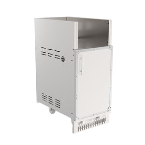 A stainless steel outdoor kitchen c, from a side perspective, showing the ventilated base panel.