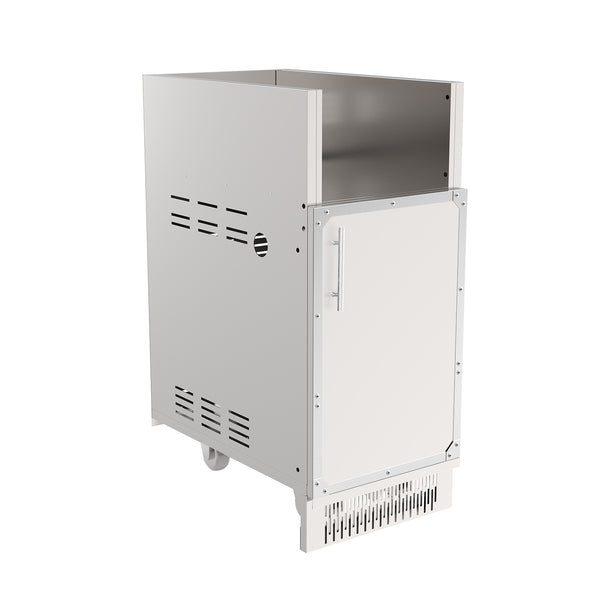 A stainless steel outdoor kitchen c, from a side perspective, showing the ventilated base panel.