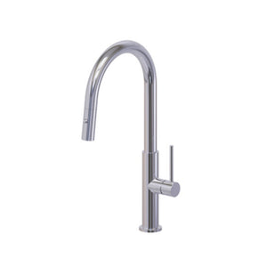 Chrome kitchen faucet on a white background