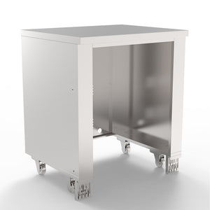 A standalone stainless steel appliance cabinet designed for outdoor kitchens, featuring a closed front with no visible handles or inputs.