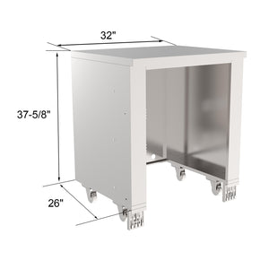 A standalone stainless steel appliance cabinet designed for outdoor kitchens, featuring a closed front with no visible handles or inputs.