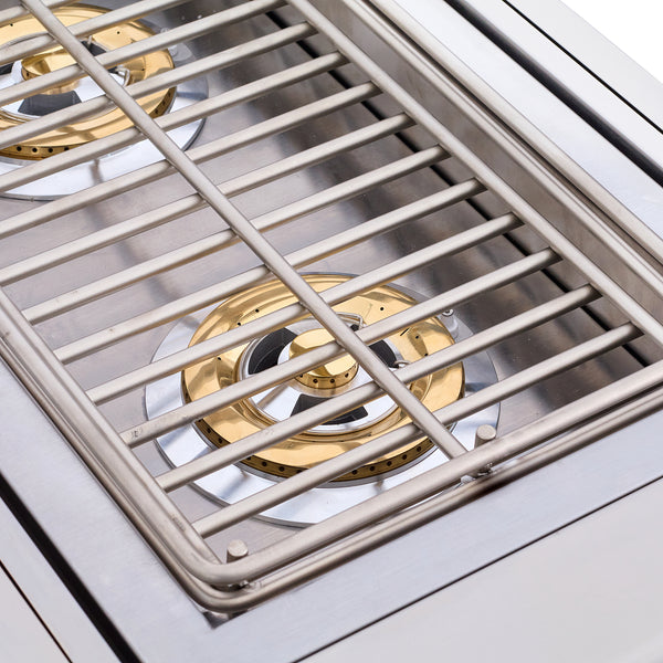 A black outdoor kitchen stainless steel dual side burner with a cabinet and gold trimmings.
