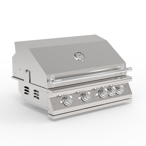 An outdoor kitchen stainless steel grill with multiple burners, shown in a closed position.